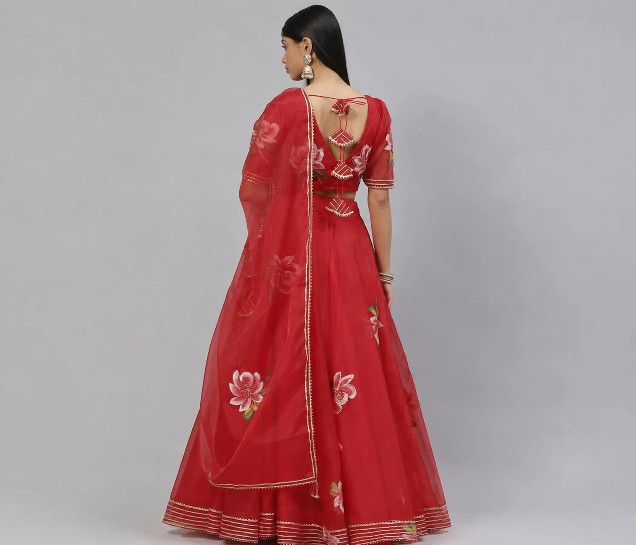 Red Hand Painted Organza Lehenga Set complete your traditional indian wedding clothes collection